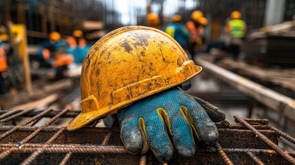 A close-up of a yellow hard hat and blue glove on construction site, symbolizing safety and teamwork in building projects.