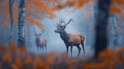 Poster - Beautiful deer in a misty forest with autumn foliage, creating a serene and tranquil wildlife scene.