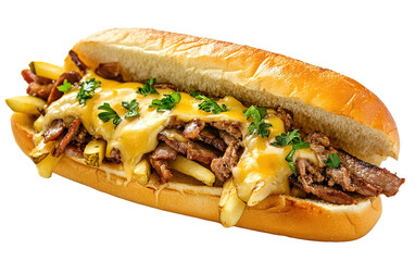 Delicious meal cheesesteak on transparent background, png	