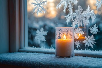 Wall Mural - Warm candlelight beside frosty window in a winter evening setting