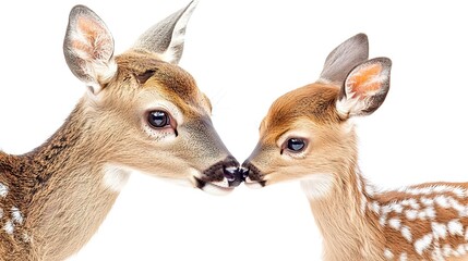 Wall Mural - A tender moment between a mother deer and her fawn, showcasing the bond of wildlife in nature. on white background