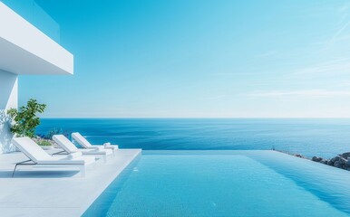 Wall Mural - 3D rendering of a day bed and infinity pool on a terrace, with a sea view background and a blue pool.