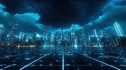 Wall Mural - Futuristic Cityscape with Glowing Lines at Night