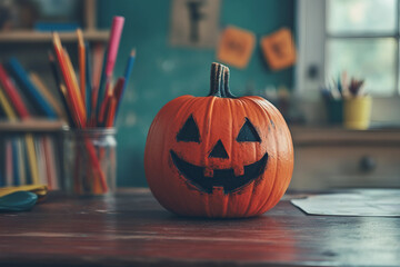 Canvas Print - Kids carving pumpkins at a Halloween event generative AI