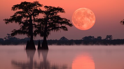 Wall Mural - Full Moon Rising Over Misty Swamp