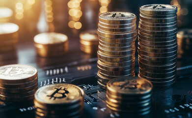 Stacks of Bitcoin coins placed on a circuit board, symbolizing cryptocurrency and technology.