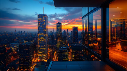 Wall Mural - A stunning sunset cityscape view from a high-rise building balcony, with the city skyline glowing in the golden light.