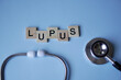 © Inspiraciones - LUPUS, wooden letters with stethoscope on light blue background. medicine concepts