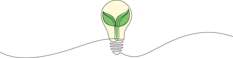 Wall Mural - light bulb with green leaves inside drawn by one continuous line. single line doodle drawing of crea