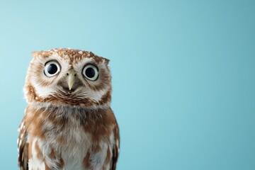 A brown and white owl with big eyes stares at the camera