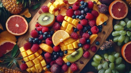 Poster - A cutting board with sliced fruit on it including oranges, grapefruits and kiwis, AI