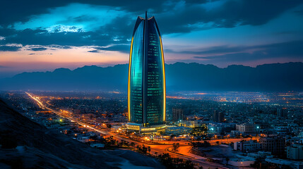 Wall Mural - A tall, modern skyscraper with a unique design stands out against a backdrop of a city skyline and mountains at dusk.