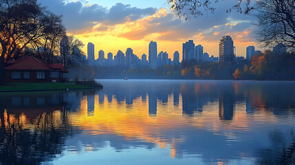 Poster - A tranquil lake reflects the silhouette of a city skyline at sunset. The water is calm, and the sky is ablaze with color, creating a serene and picturesque scene.