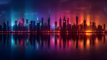 Wall Mural - A vibrant city skyline illuminated with neon lights, reflecting on the calm water of a bay.