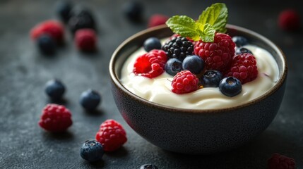 Poster - try a nutritious breakfast of greek yogurt topped with honey and mixed berries for a delicious and energizing start to your day