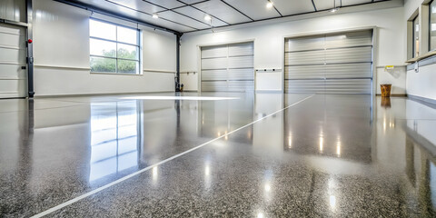 Close-up of a clean, polished garage floor with a stain-resistant finish suitable for heavy-duty use, garage