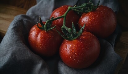 On a gray concrete table background, wet clean tomatoes are placed on a gray fabric napkin