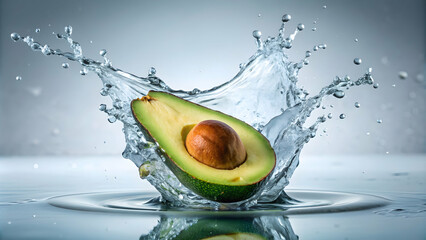 Wall Mural - Ripe avocado half falling into a splash of water , fresh, healthy, fruit, organic, green, ripe, diet, nutrition