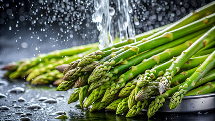 Fresh organic asparagus being washed with water , organic, asparagus, fresh, washed, water, preparation, dish, healthy