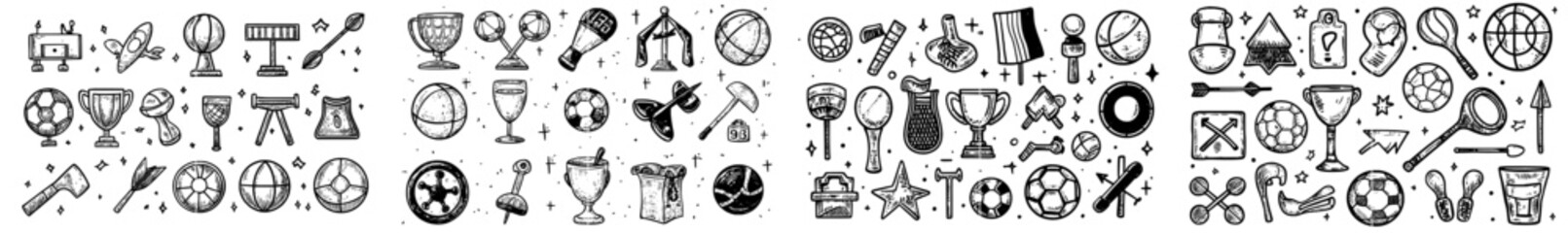 Hand drawn outline and doodle icon set for print, web, mobile and infographics. Sports equipment modern sketch illustration set isolated on white.