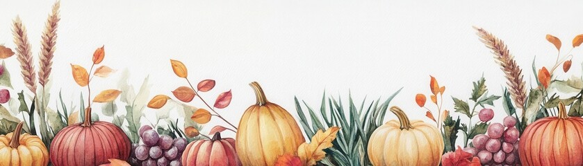 Watercolor Vibrant autumn harvest with pumpkins, grapes, and colorful leaves, perfect for seasonal decoration or festive projects.