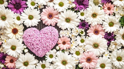 Sticker - Heart Shaped Flower Arrangement with Daisies  Gerbera Daisies and Pink Flowers