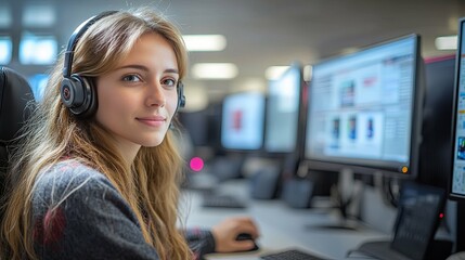 Young woman with headphones working at a computer in an office