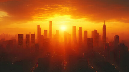 Poster - A vibrant orange sunset over a city skyline. The sun is setting behind the buildings, casting a warm glow over the cityscape.