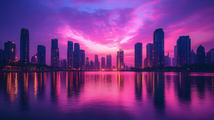 A vibrant pink and purple sunset illuminates a modern city skyline with tall skyscrapers reflected in the water.