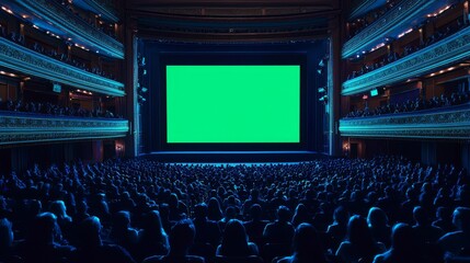 An audience watches a movie trailer while watching a video game tournament, a concert video, or a new blockbuster film on a mock-up green screen in a movie theater.