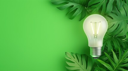 Poster - Green Lightbulb with Tropical Leaves on Green Background