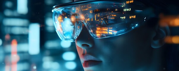 Poster - Close-up of a person wearing futuristic glasses with digital displays, reflecting modern technology and innovation.