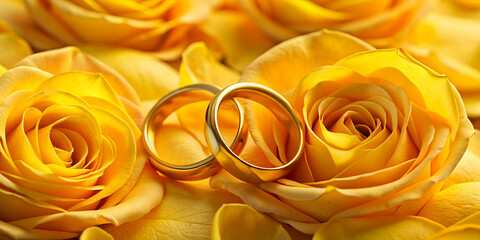 two gold wedding rings on a bed of yellow rose petals, symbolizing joy and happiness, gold, wedding 