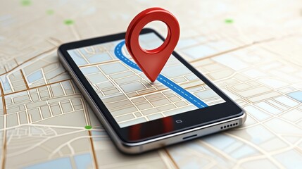 Fototapete - Red Pin on Smartphone GPS Navigation App on Map