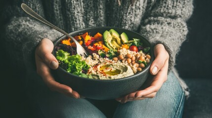 Wall Mural - A person holding a bowl of food with their hands, AI