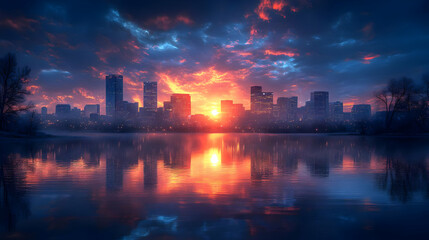 A vibrant sunrise over a city skyline with its reflection in the water.