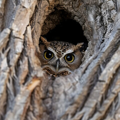 Owl with big eyes drilling the hole in the tree.