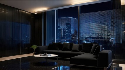 night scene, modern style luxury black living room with city view 3d render, there are black terrazz