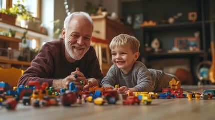 Canvas Print - A man and a child playing with toy cars on the floor, AI