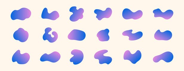 Fototapete - Simple gradient amoeba blobs in blue and purple colors. Liquid organic forms, hand drawn design elements for  templates, sticker, poster. Vector