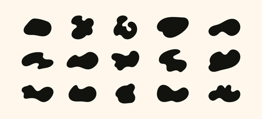 Fototapete - Black irregular blob set. Abstract freeforms, liquid shapes, distorted organic figures design elements for templates, icons, sticker, posters background. Vector