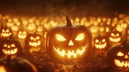 Halloween Pumpkin Lanterns Glowing in the Dark with Smoke and Fog