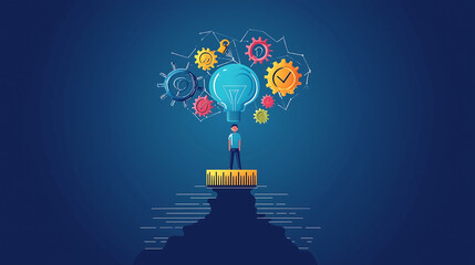 man stands on the top of three dimensional gears with an idea light bulb above his head and colorful flat icons floating around him