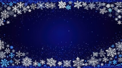 Wall Mural - Merry Christmas and Happy New Year festive design with border made of beautiful snowflakes in modern line art style. Winter dark blue background with falling snow. Xmas decoration