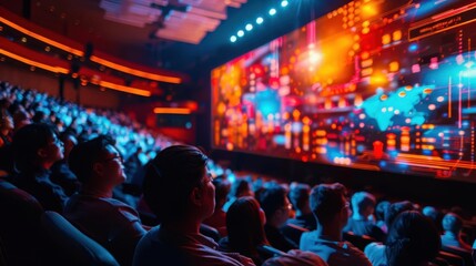 Audience in a vibrant, modern auditorium watching a colorful digital display, creating an immersive experience with futuristic visuals.