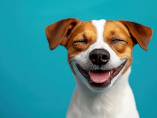 a smiling dog winking with eyes closed on a bright blue background, capturing a joyful puppy moment.
