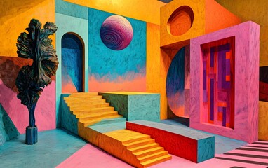 Poster - Vibrant abstract interior with colorful patterns, geometric shapes, and artistic design elements creating a surreal atmosphere.