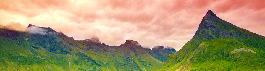 Wall Mural - Mountain ridge during sunset. Lofoten islands, Norway. Horizontal banner