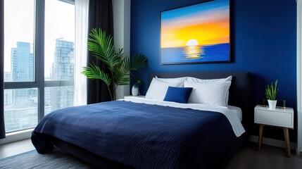 Canvas Print - Modern Blue Bedroom with City View and Sunset Artwork