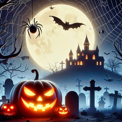 Cemetery at Helloween. Pumpkin, gravestone, fog, vampire, bat, full moon. AI